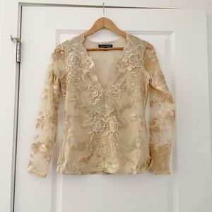 Boston Proper Embroidered Mesh Overlay Floral Top Metallic